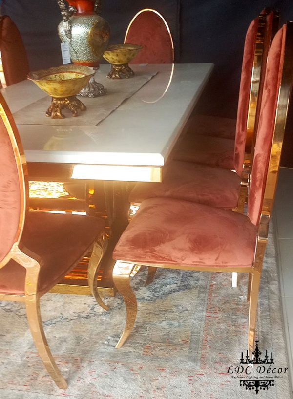 White Rectangle Marble Table and Brown Velvet Chairs